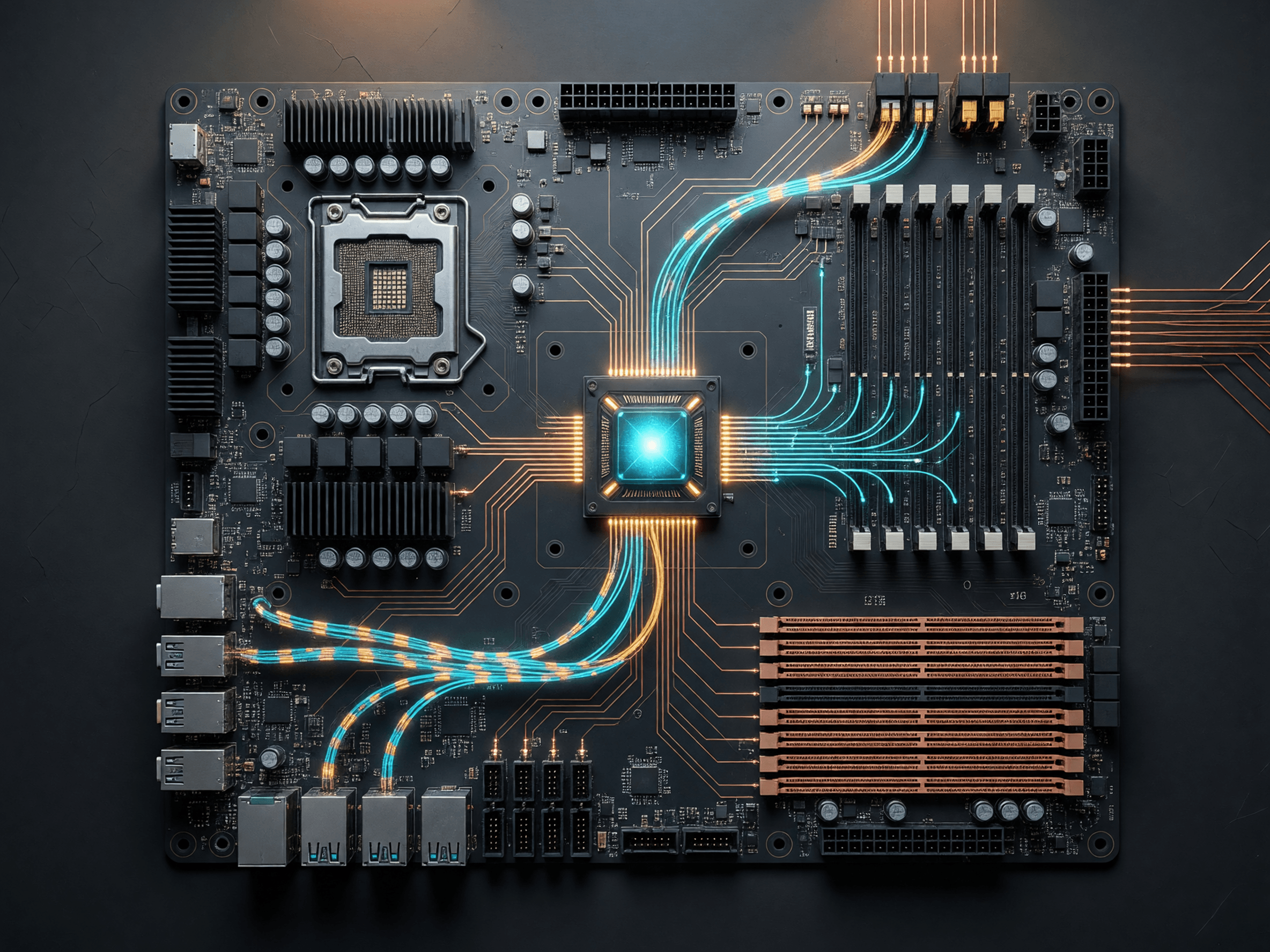 Concept render of the biFROST optical motherboard organized into quadrants — illustrative, modeled projection