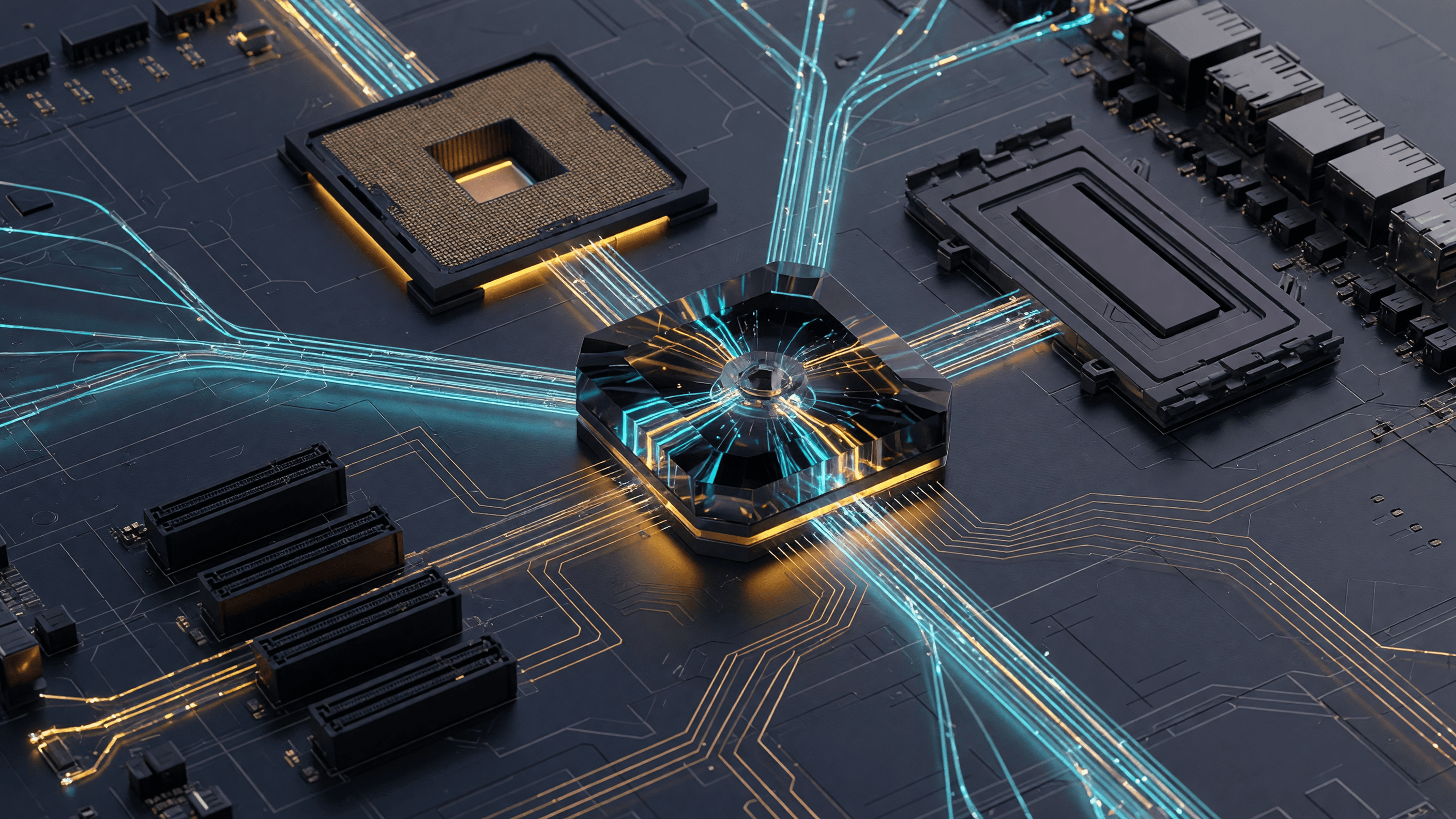 Concept render of an optical motherboard — illustrative, modeled projection