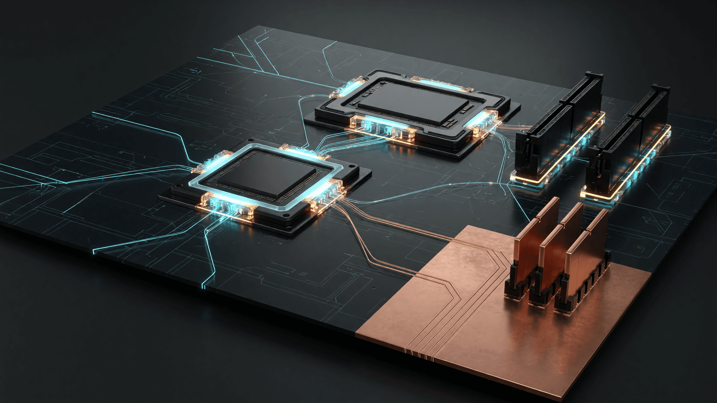 Concept render: optical deck with sockets on the optical plane and a copper memory island — illustrative
