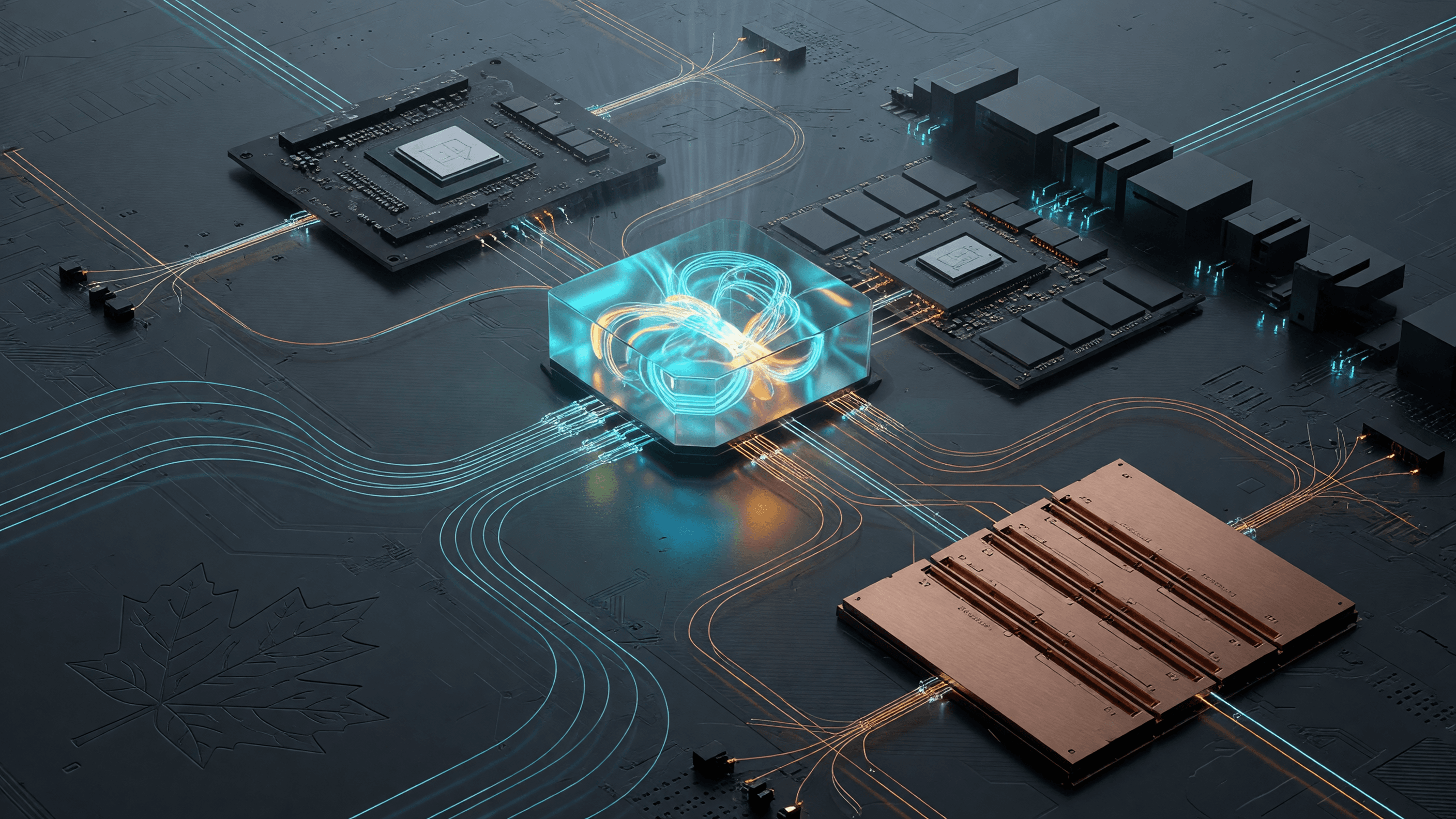 Concept render: optical motherboard with a subtle maple-leaf etch and a copper memory bank — illustrative